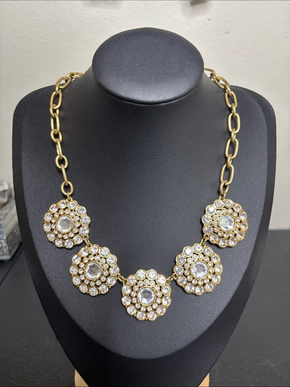 J. Crew Clear Flower Medallion Station Gold Tone Statement Necklace